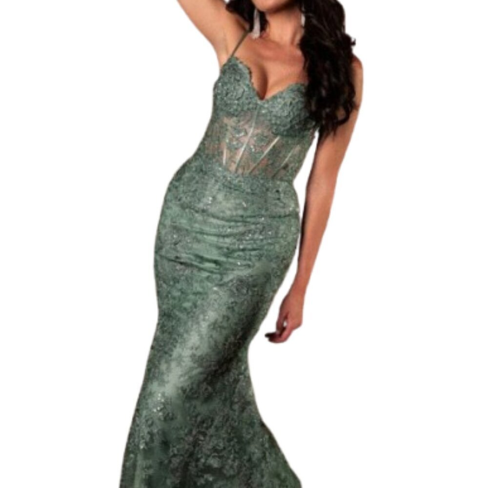 NWT May Queen RQ8138 Embroidered Prom Dress Sage Size 6